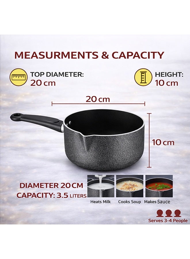 سونكس مقلاة حليب غير لاصقة ٢٠ سم بسعة ٣٫٥ لتر – قدر صوص مع فوهة للصب، خالية من مواد بي إف أو إيه وبي إف إيه إس، آمنة للغسل في غسالة الصحون، مقبض باكلايت مقاوم للحرارة، مناسبة لمواقد الغاز والكهرباء والسيراميك، لون رمادي - Image 2